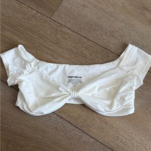 Superdown Cream Off-Shoulder Swim Crop Top